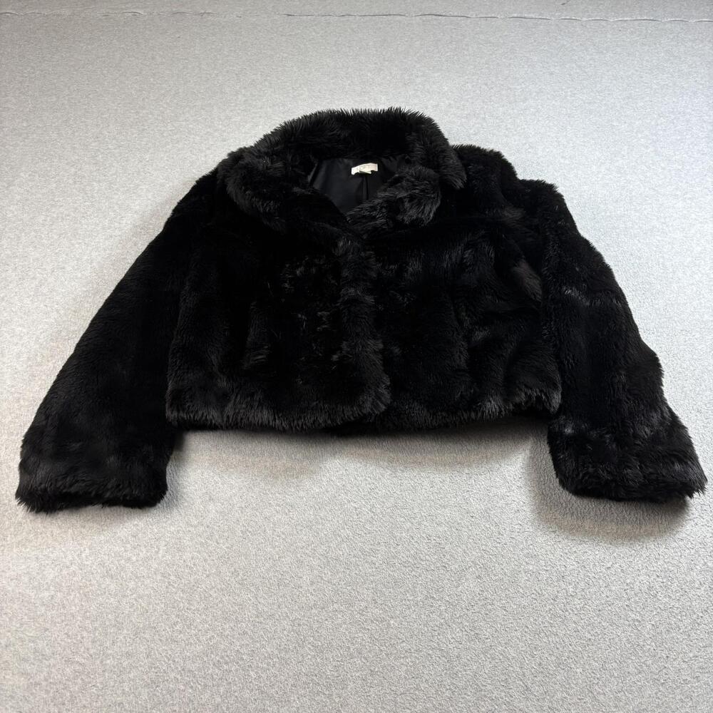 Ann Taylor LOFT Jacket Womens 16 Black Faux Fur Cropped Boho Retro Glam Y2K